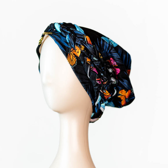 Midnight Monarch braided pull-on chemo cap