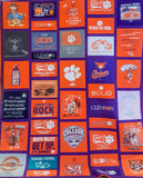 Quilt made from Clemson shirts cut into different sized rectangles for added interest