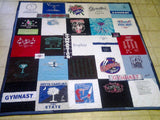 A quilt with gymnastics shirts, other clothing, and custom embroidery