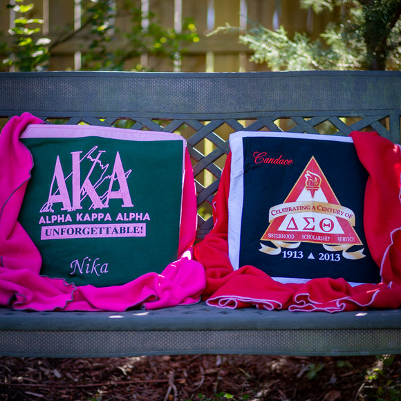 Quillows for two different sorority alumni with the blankets pulled out